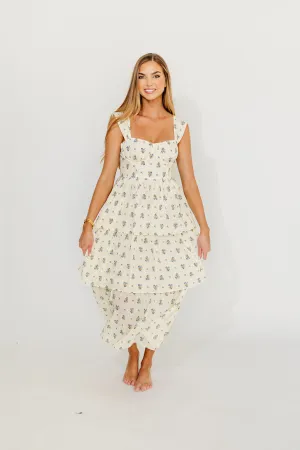 Marjorie Bustier Ruffle Layered Maxi Dress in Cream/Blue Floral