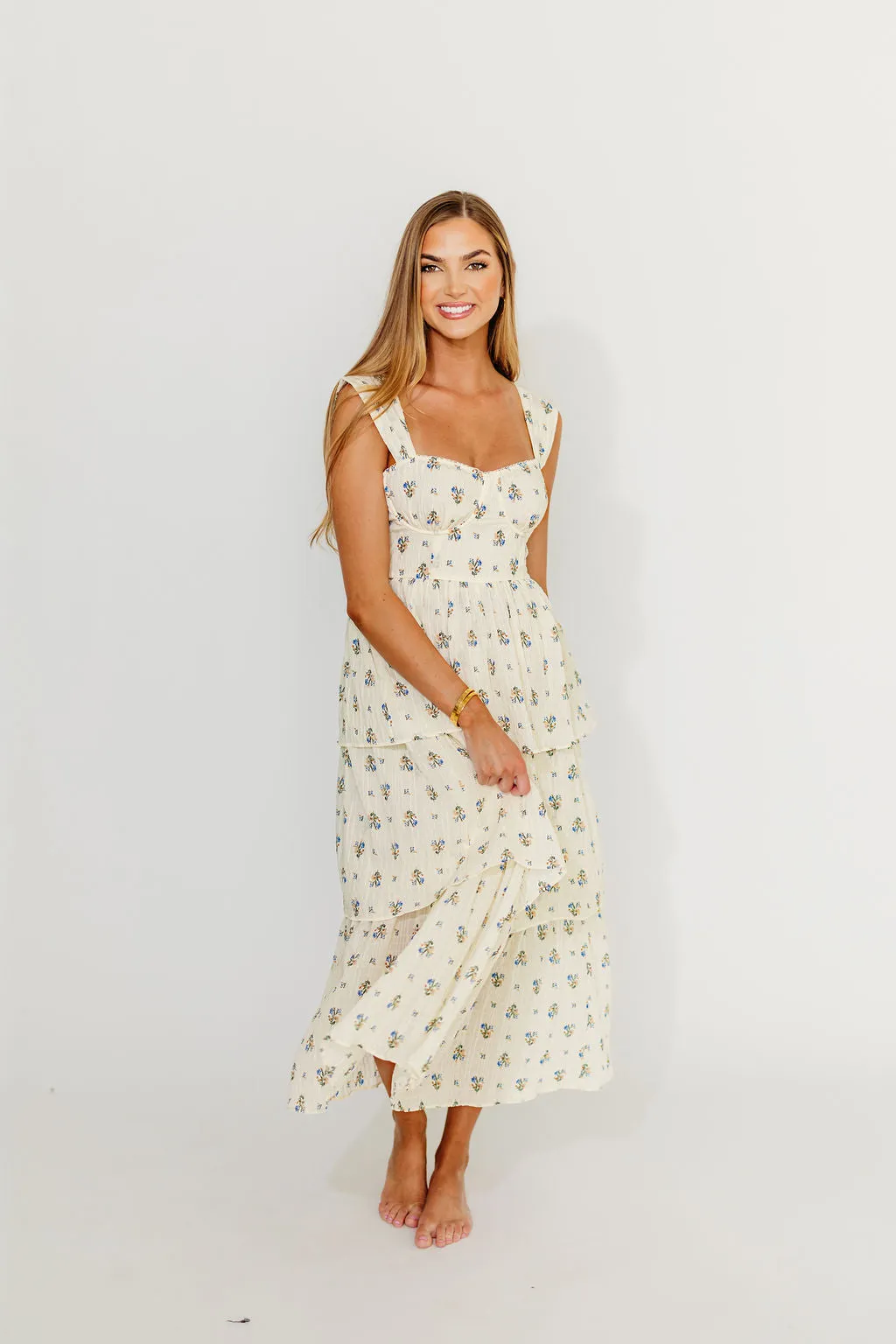 Marjorie Bustier Ruffle Layered Maxi Dress in Cream/Blue Floral
