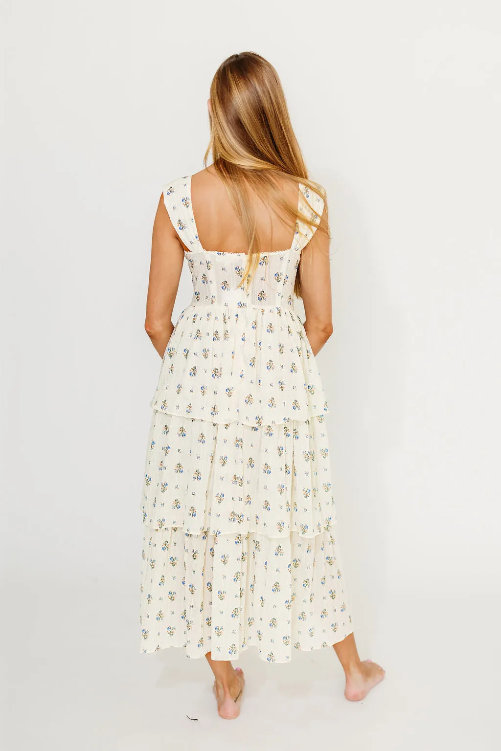 Marjorie Bustier Ruffle Layered Maxi Dress in Cream/Blue Floral