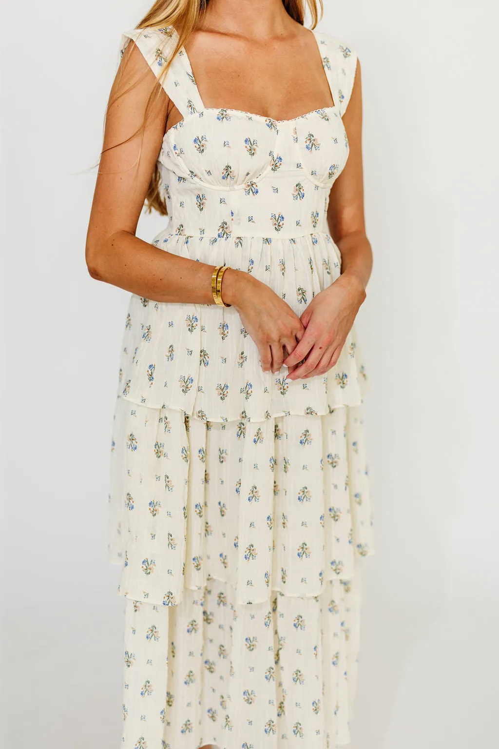 Marjorie Bustier Ruffle Layered Maxi Dress in Cream/Blue Floral