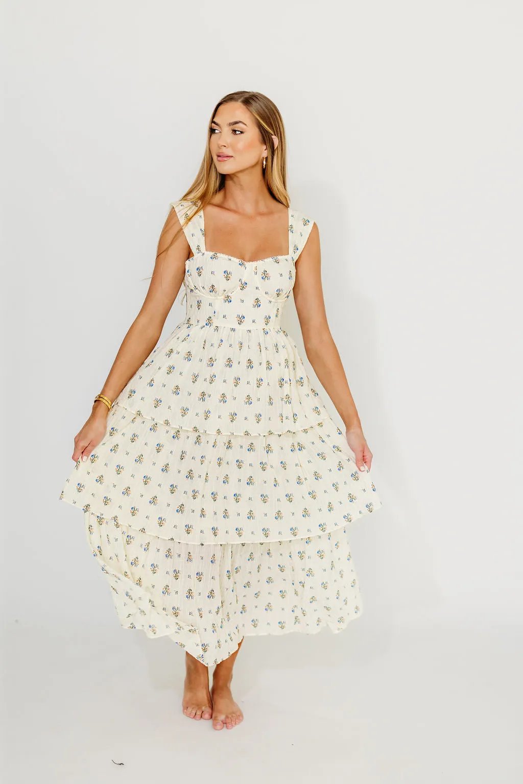 Marjorie Bustier Ruffle Layered Maxi Dress in Cream/Blue Floral