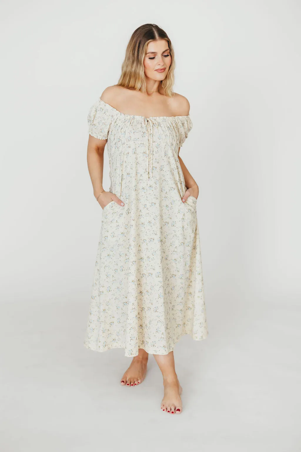 Marley 100% Cotton Midi Dress in Ivory/Blue Floral -Bump Friendly