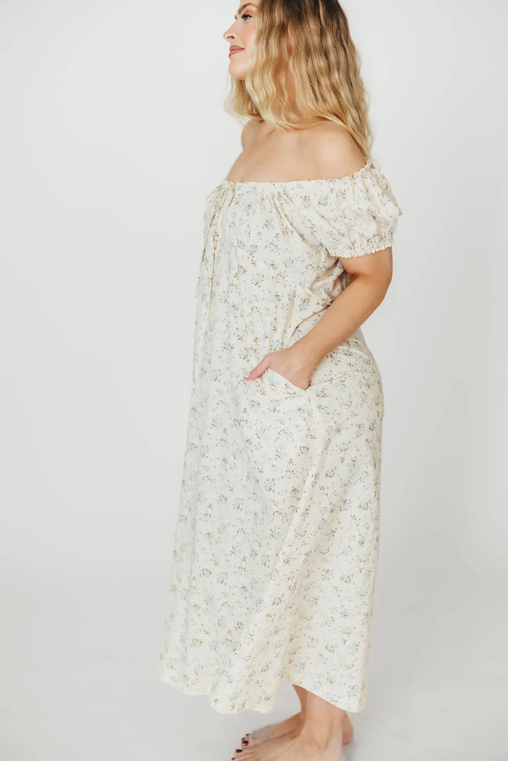 Marley 100% Cotton Midi Dress in Ivory/Blue Floral -Bump Friendly