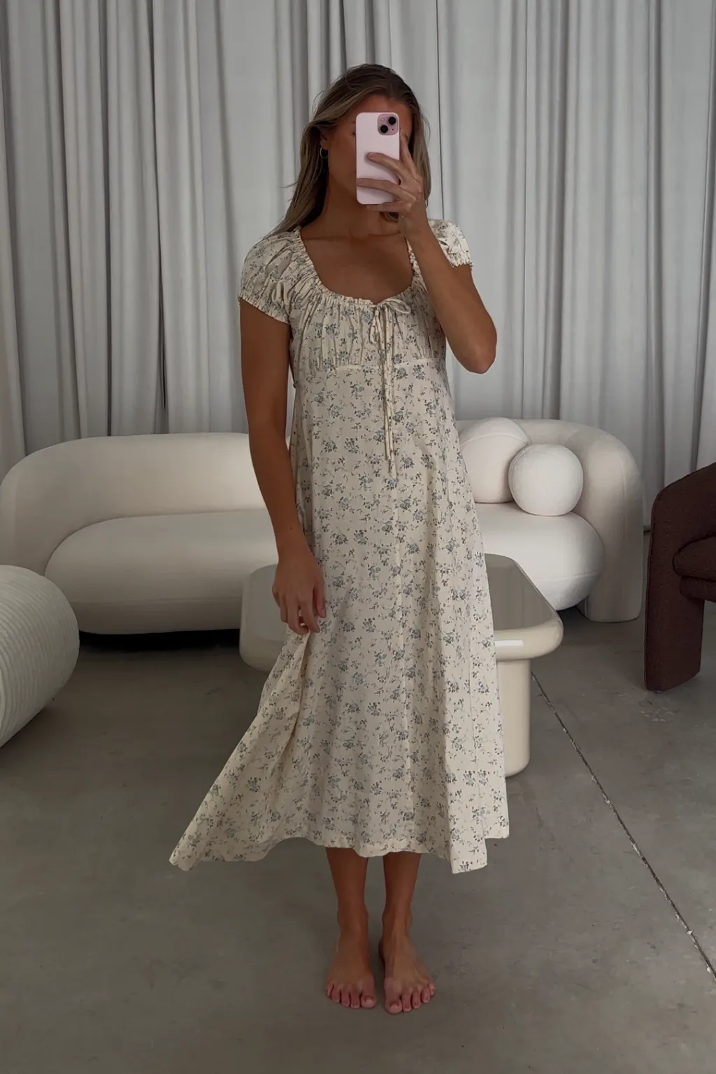 Marley 100% Cotton Midi Dress in Ivory/Blue Floral -Bump Friendly