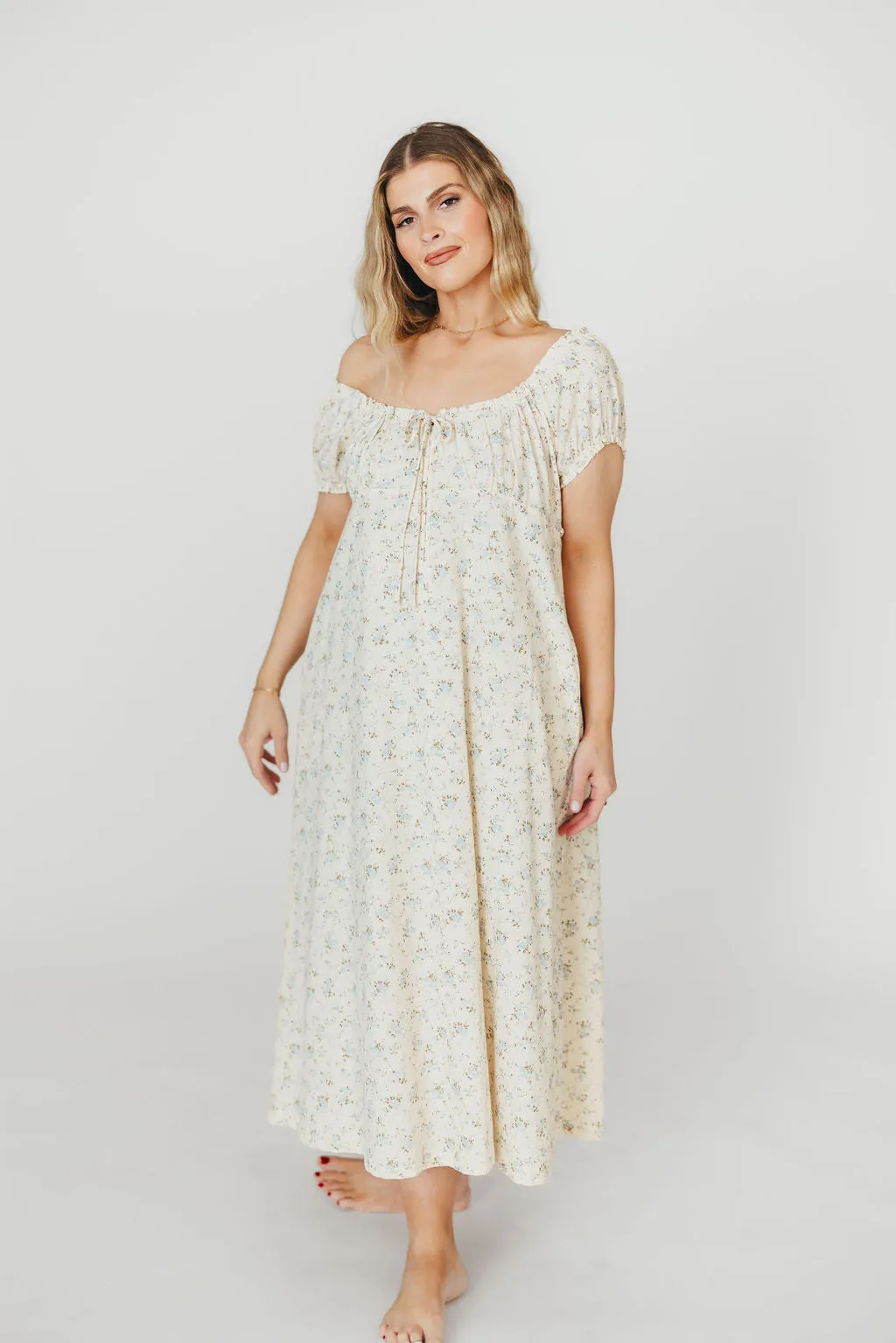 Marley 100% Cotton Midi Dress in Ivory/Blue Floral -Bump Friendly