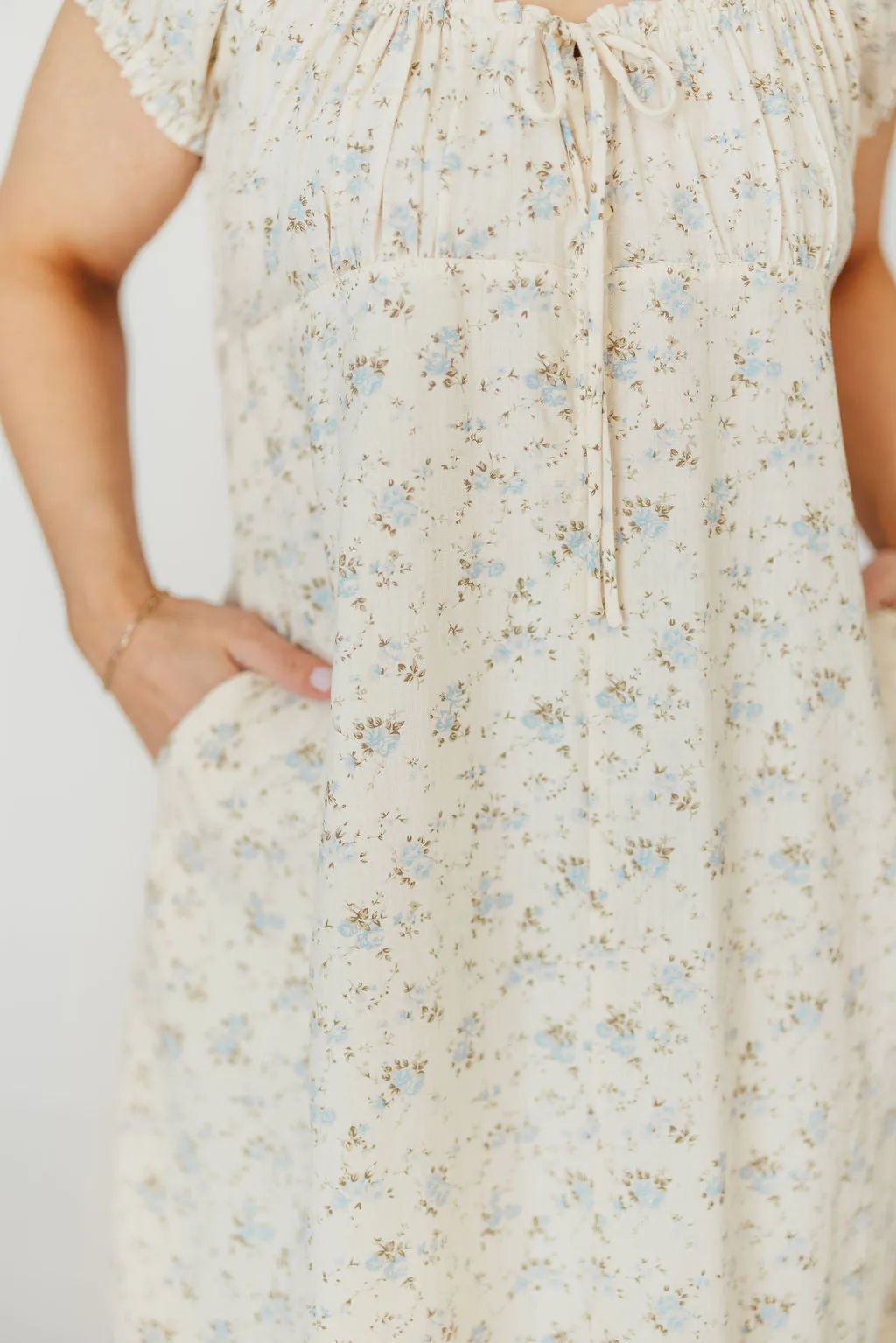 Marley 100% Cotton Midi Dress in Ivory/Blue Floral -Bump Friendly