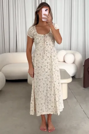 Marley 100% Cotton Midi Dress in Ivory/Blue Floral -Bump Friendly