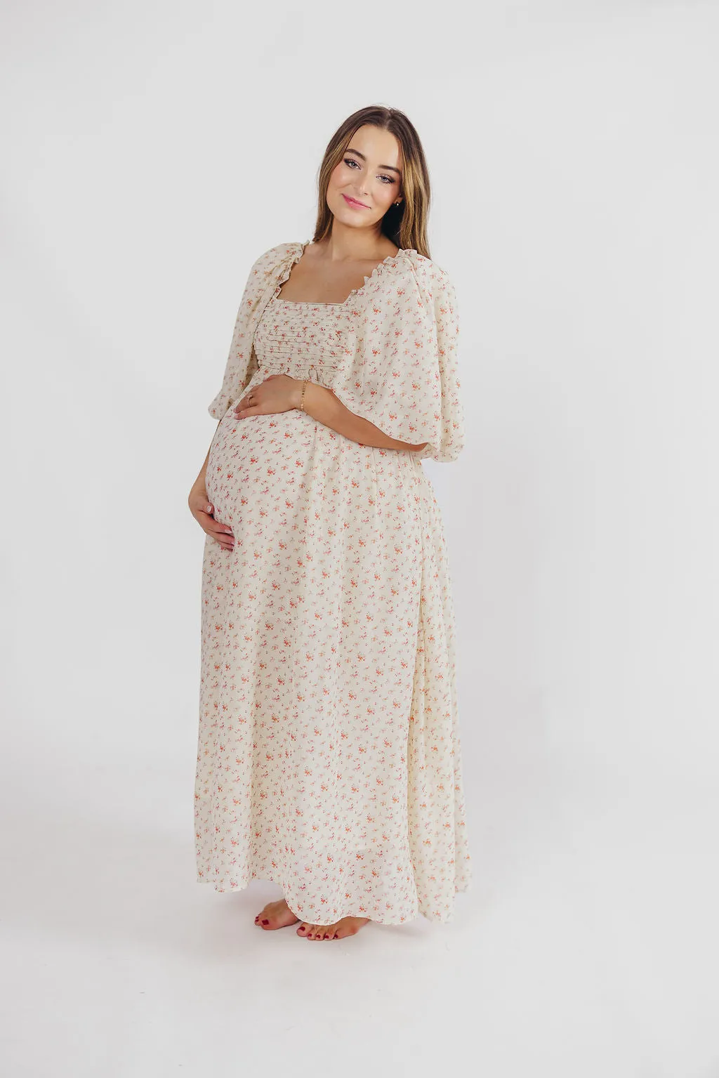 Melody Maxi Dress with Pleats and Bow Detail in Ivory Floral- Bump Friendly & Inclusive Sizing (S-3XL)