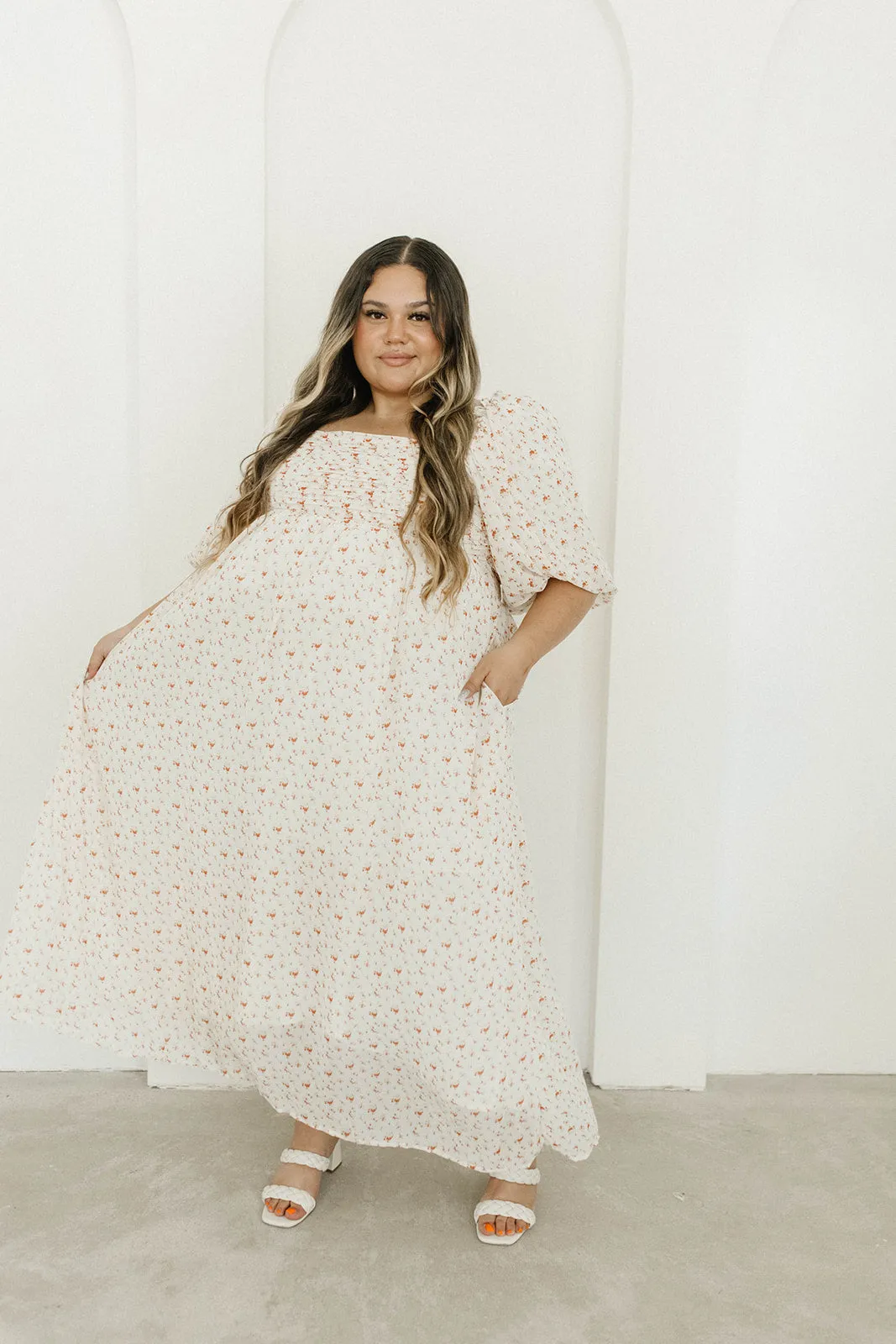 Melody Maxi Dress with Pleats and Bow Detail in Ivory Floral- Bump Friendly & Inclusive Sizing (S-3XL)