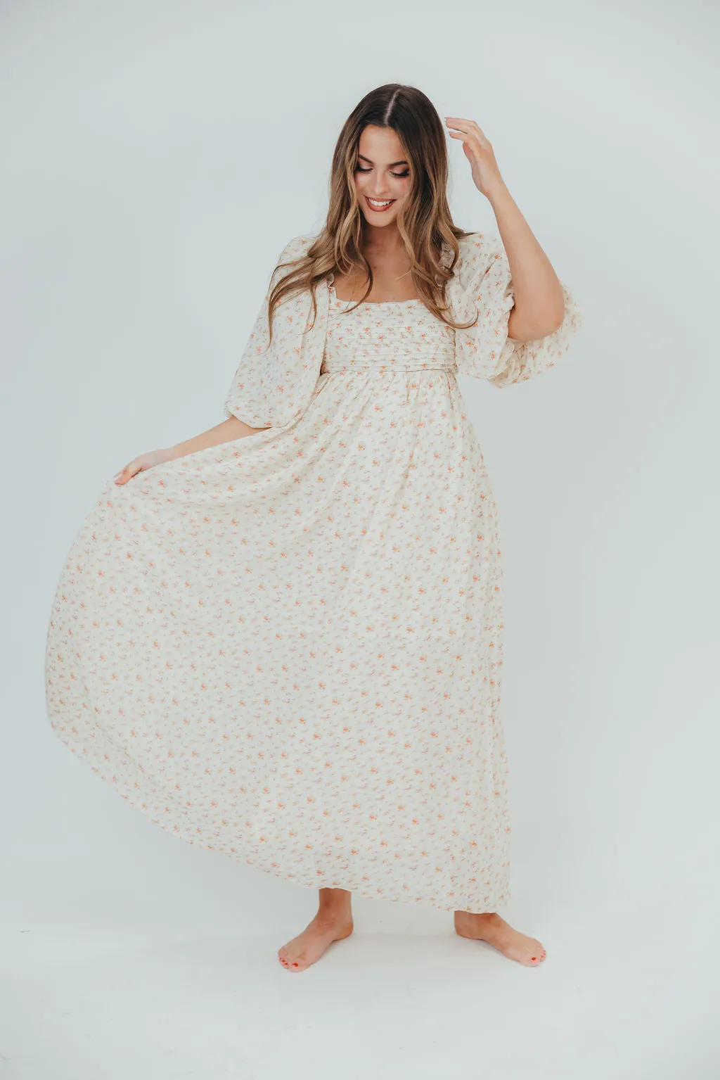 Melody Maxi Dress with Pleats and Bow Detail in Ivory Floral- Bump Friendly & Inclusive Sizing (S-3XL)