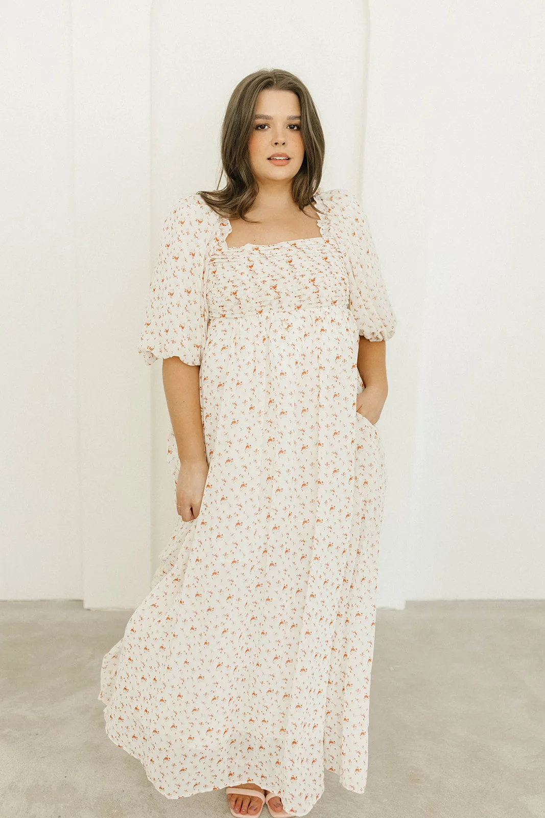 Melody Maxi Dress with Pleats and Bow Detail in Ivory Floral- Bump Friendly & Inclusive Sizing (S-3XL)