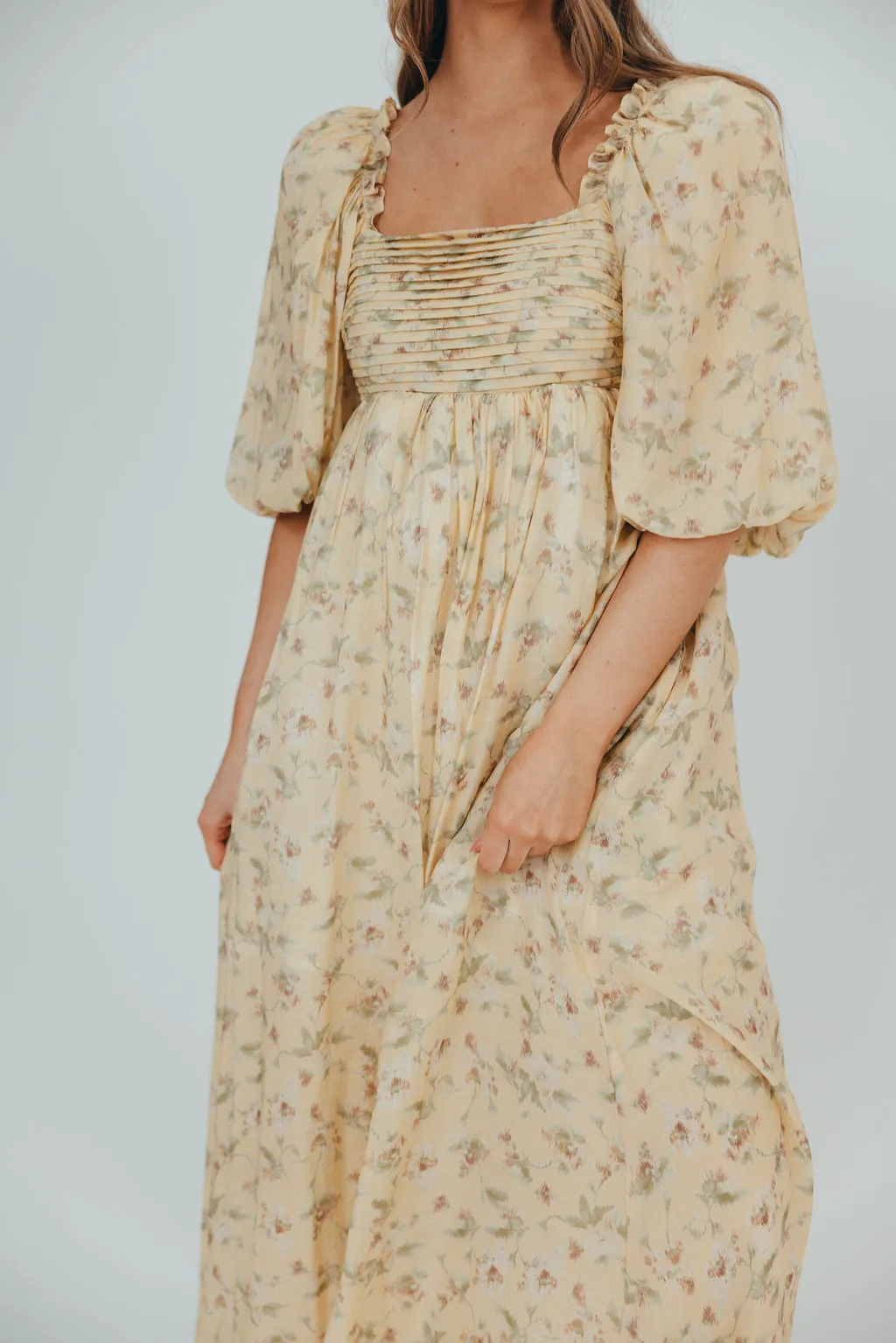 Melody Maxi Dress with Pleats and Bow Detail in Yellow Floral - Bump Friendly & Inclusive Sizing (S-3XL)