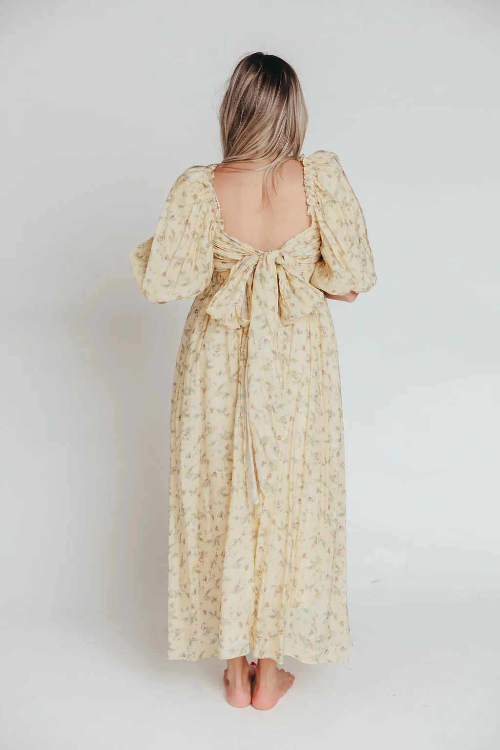 Melody Maxi Dress with Pleats and Bow Detail in Yellow Floral - Bump Friendly & Inclusive Sizing (S-3XL)