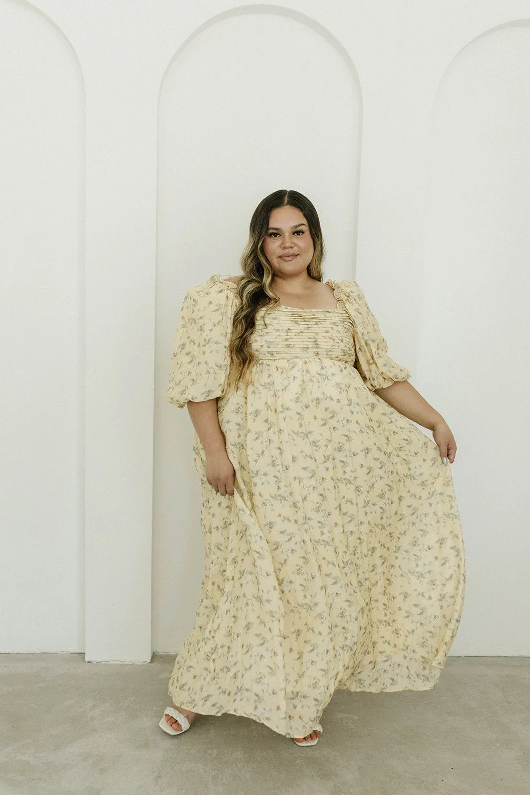 Melody Maxi Dress with Pleats and Bow Detail in Yellow Floral - Bump Friendly & Inclusive Sizing (S-3XL)