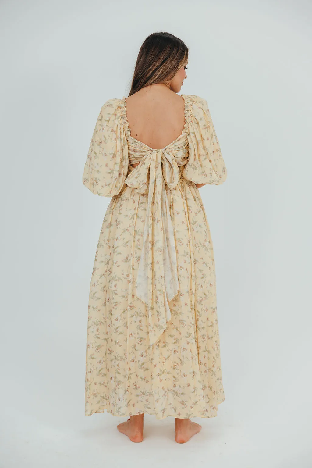 Melody Maxi Dress with Pleats and Bow Detail in Yellow Floral - Bump Friendly & Inclusive Sizing (S-3XL)