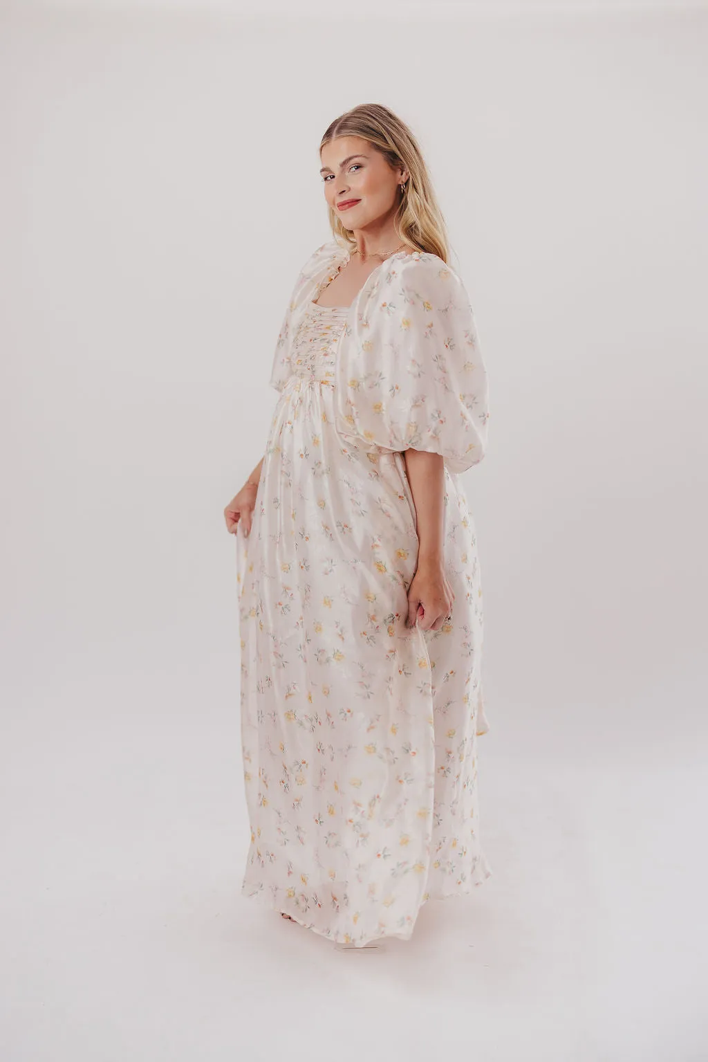 Melody Maxi Dress with Pleats and Bow Detail in Yellow Rose Floral - Bump Friendly & Inclusive Sizing (S-3XL)