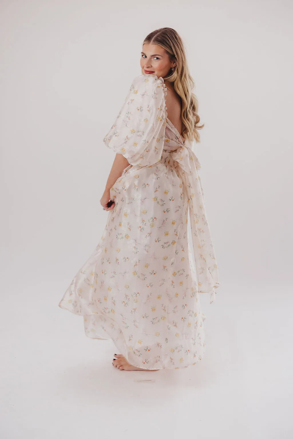 Melody Maxi Dress with Pleats and Bow Detail in Yellow Rose Floral - Bump Friendly & Inclusive Sizing (S-3XL)