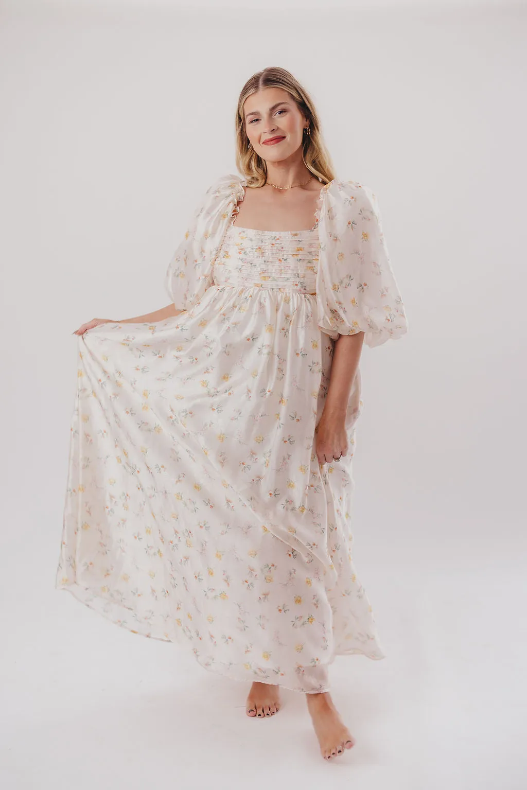 Melody Maxi Dress with Pleats and Bow Detail in Yellow Rose Floral - Bump Friendly & Inclusive Sizing (S-3XL)