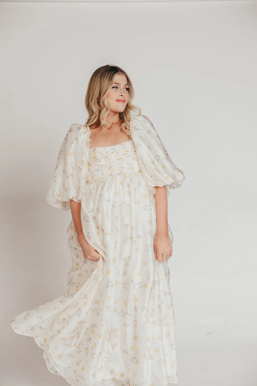 Melody Maxi Dress with Pleats and Bow Detail in Yellow Rose Floral - Bump Friendly & Inclusive Sizing (S-3XL)