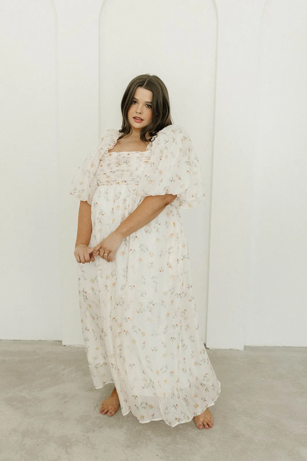 Melody Maxi Dress with Pleats and Bow Detail in Yellow Rose Floral - Bump Friendly & Inclusive Sizing (S-3XL)