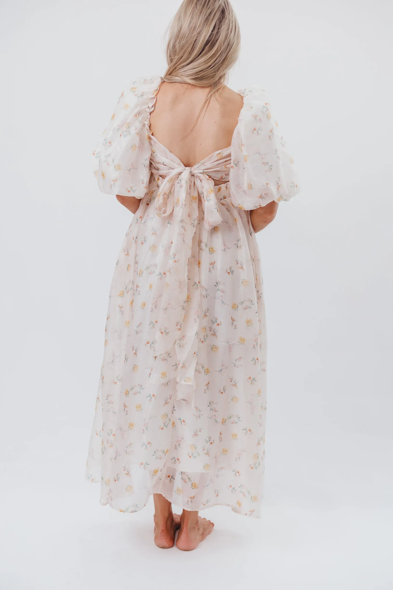 Melody Maxi Dress with Pleats and Bow Detail in Yellow Rose Floral - Bump Friendly & Inclusive Sizing (S-3XL)