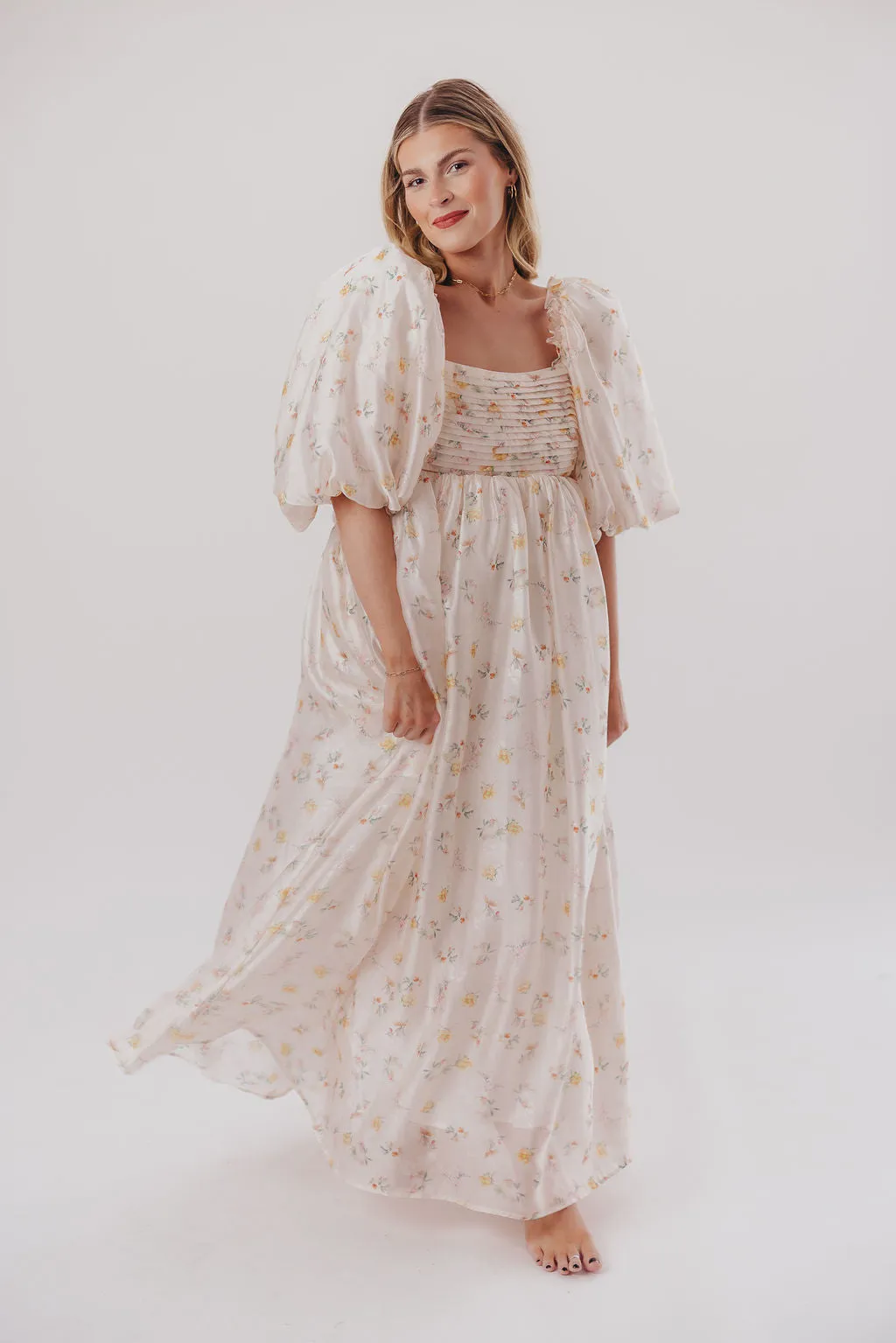 Melody Maxi Dress with Pleats and Bow Detail in Yellow Rose Floral - Bump Friendly & Inclusive Sizing (S-3XL)
