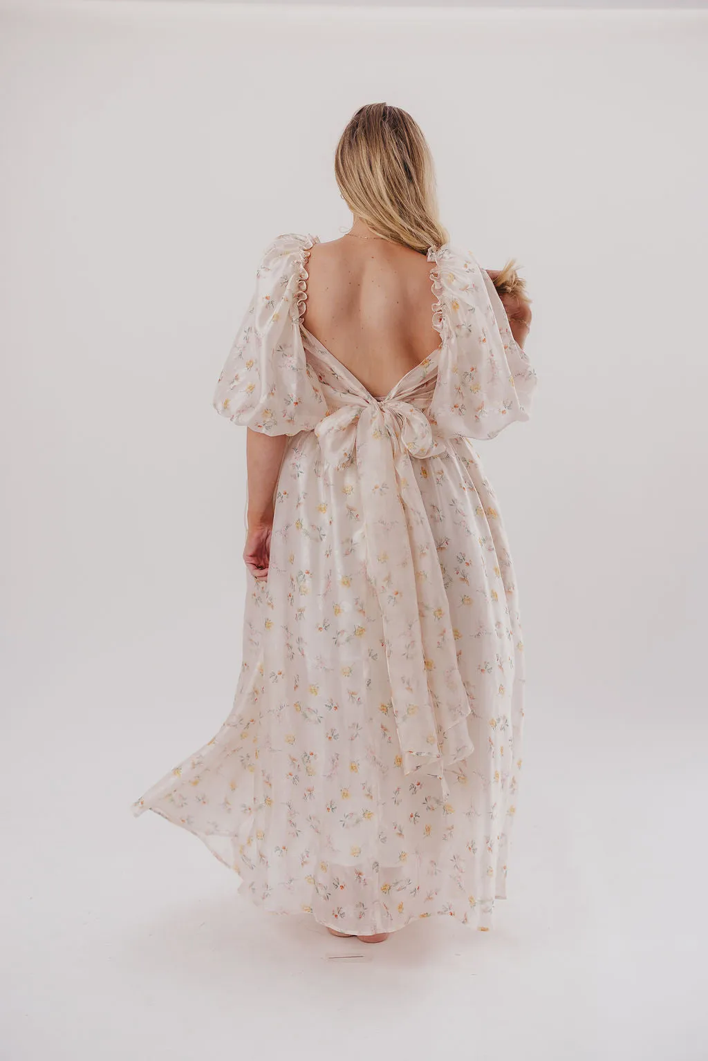 Melody Maxi Dress with Pleats and Bow Detail in Yellow Rose Floral - Bump Friendly & Inclusive Sizing (S-3XL)