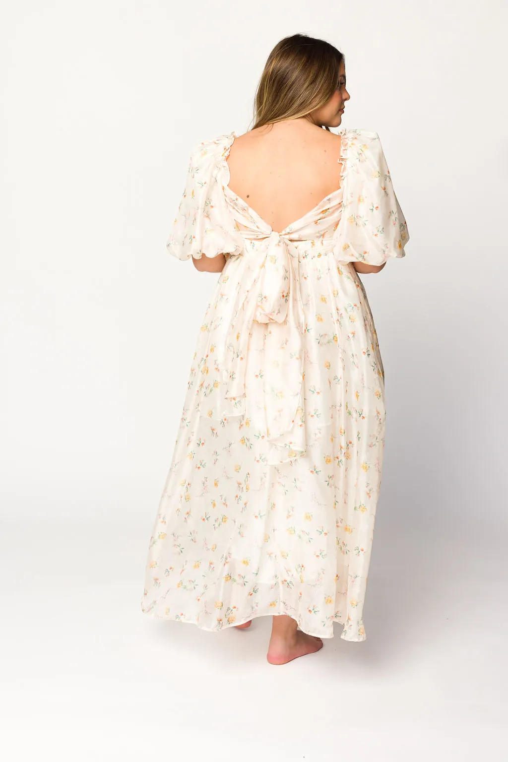 Melody Maxi Dress with Pleats and Bow Detail in Yellow Rose Floral - Bump Friendly & Inclusive Sizing (S-3XL)
