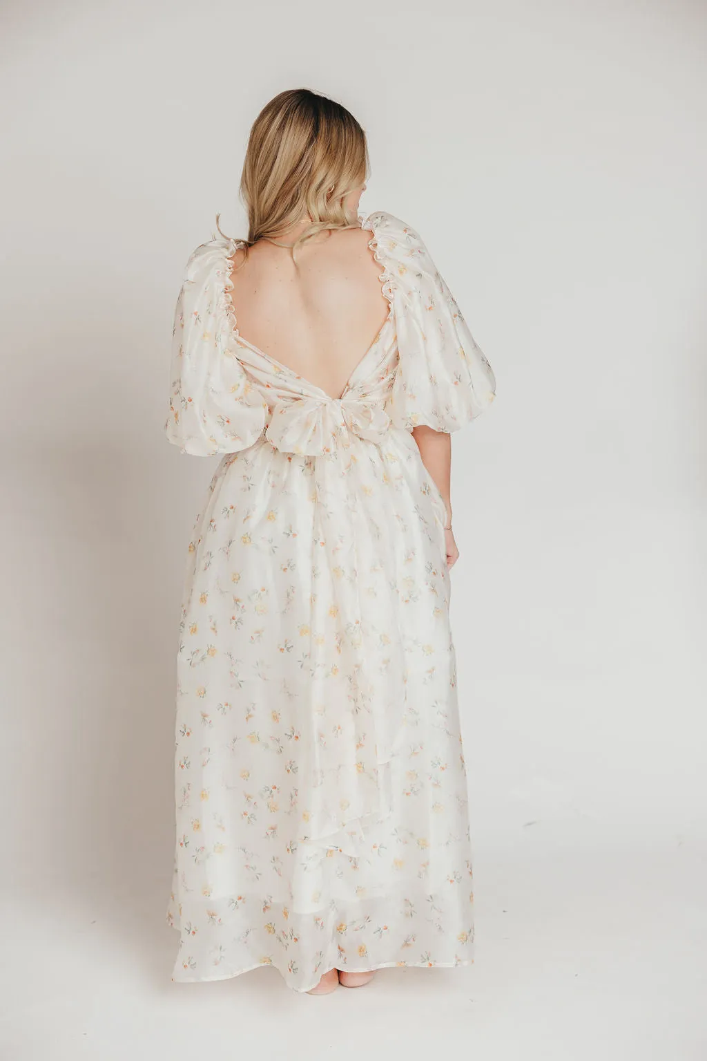 Melody Maxi Dress with Pleats and Bow Detail in Yellow Rose Floral - Bump Friendly & Inclusive Sizing (S-3XL)