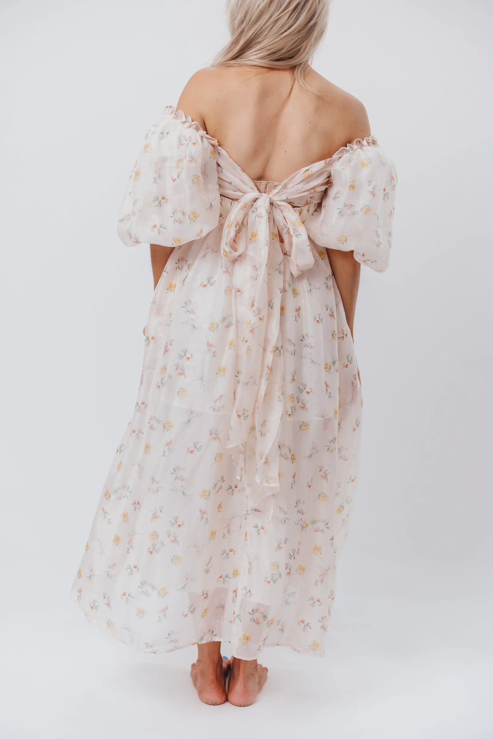 Melody Maxi Dress with Pleats and Bow Detail in Yellow Rose Floral - Bump Friendly & Inclusive Sizing (S-3XL)