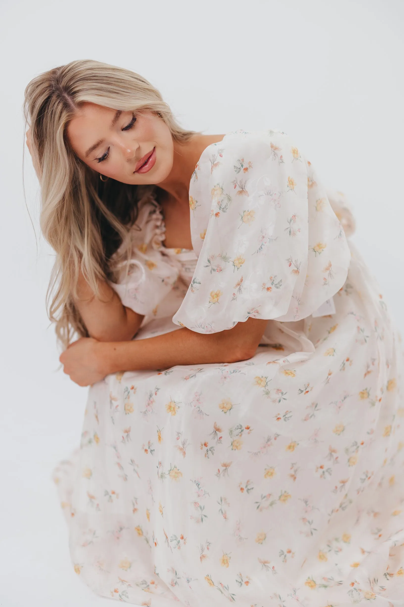 Melody Maxi Dress with Pleats and Bow Detail in Yellow Rose Floral - Bump Friendly & Inclusive Sizing (S-3XL)