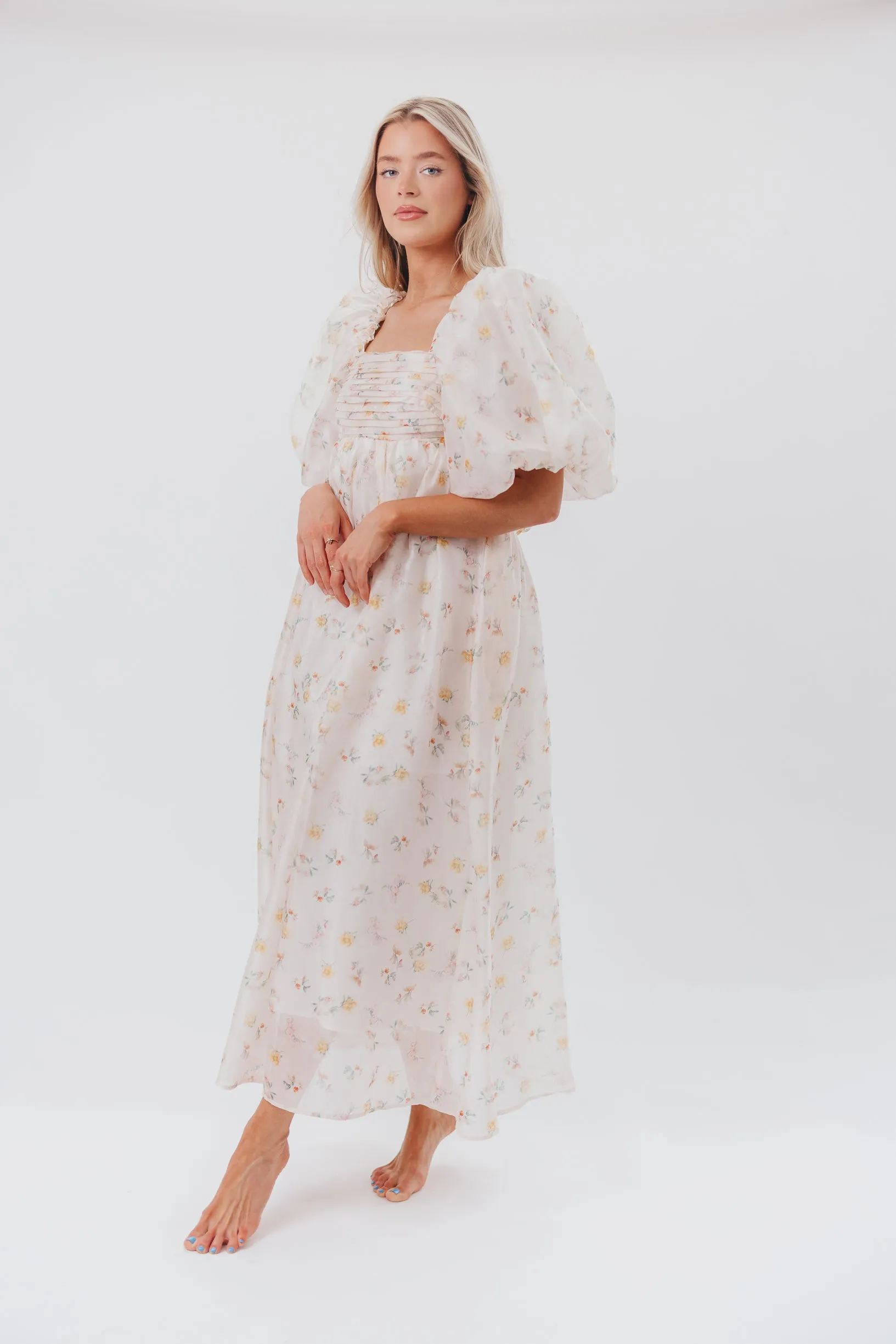 Melody Maxi Dress with Pleats and Bow Detail in Yellow Rose Floral - Bump Friendly & Inclusive Sizing (S-3XL)