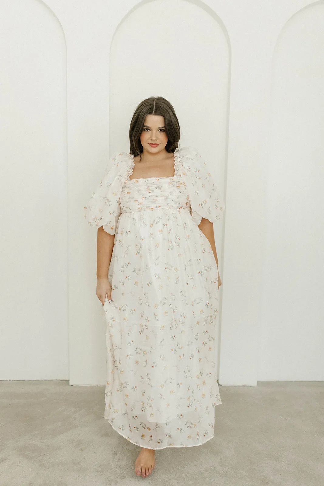 Melody Maxi Dress with Pleats and Bow Detail in Yellow Rose Floral - Bump Friendly & Inclusive Sizing (S-3XL)