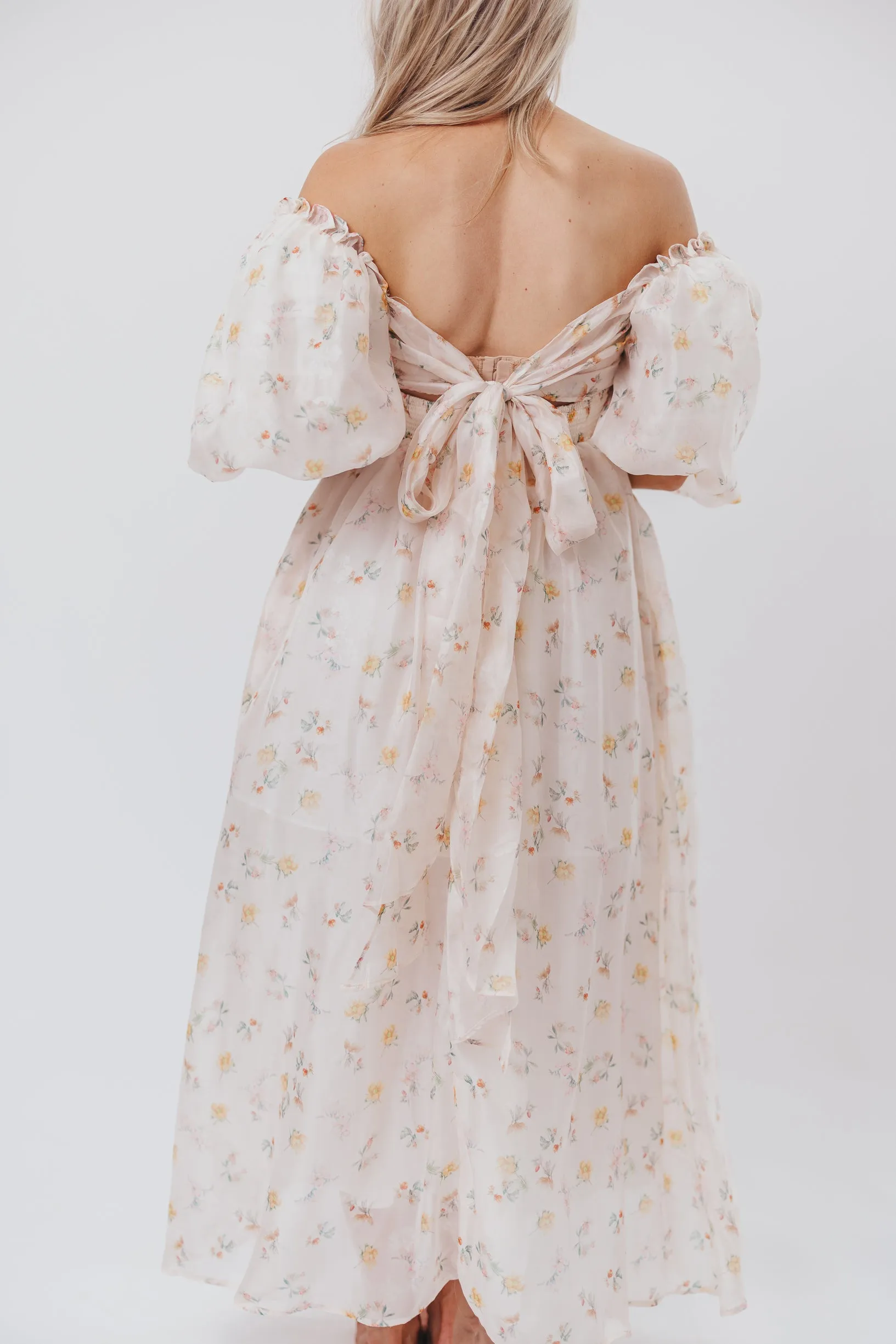 Melody Maxi Dress with Pleats and Bow Detail in Yellow Rose Floral - Bump Friendly & Inclusive Sizing (S-3XL)
