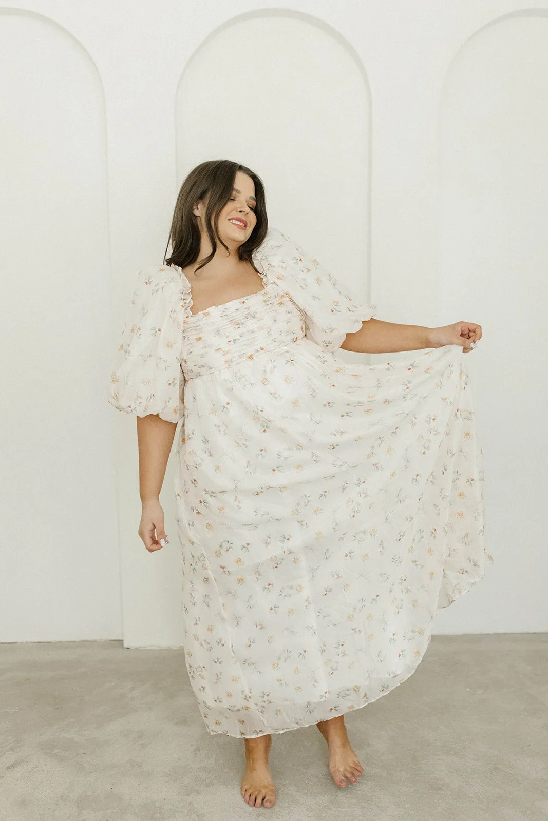 Melody Maxi Dress with Pleats and Bow Detail in Yellow Rose Floral - Bump Friendly & Inclusive Sizing (S-3XL)