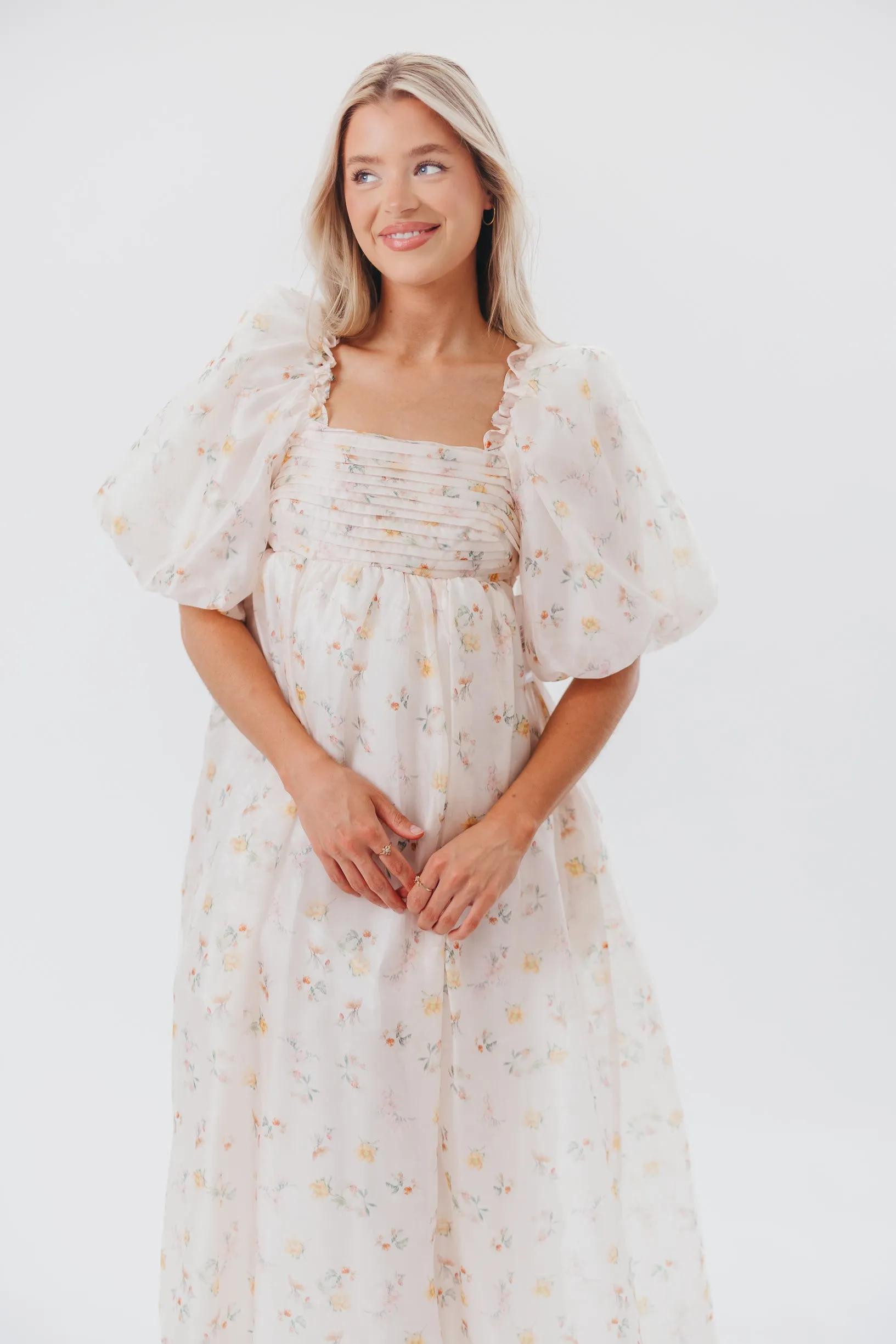 Melody Maxi Dress with Pleats and Bow Detail in Yellow Rose Floral - Bump Friendly & Inclusive Sizing (S-3XL)