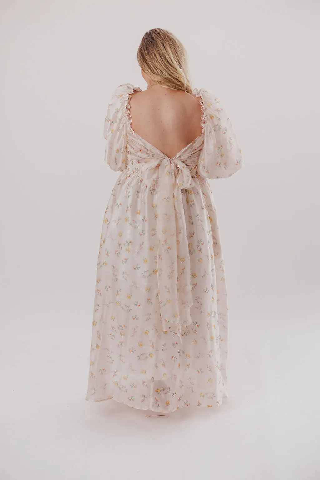 Melody Maxi Dress with Pleats and Bow Detail in Yellow Rose Floral - Bump Friendly & Inclusive Sizing (S-3XL)