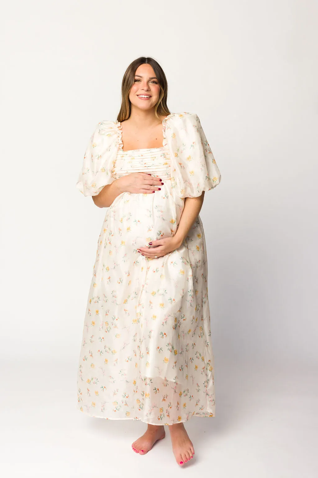 Melody Maxi Dress with Pleats and Bow Detail in Yellow Rose Floral - Bump Friendly & Inclusive Sizing (S-3XL)