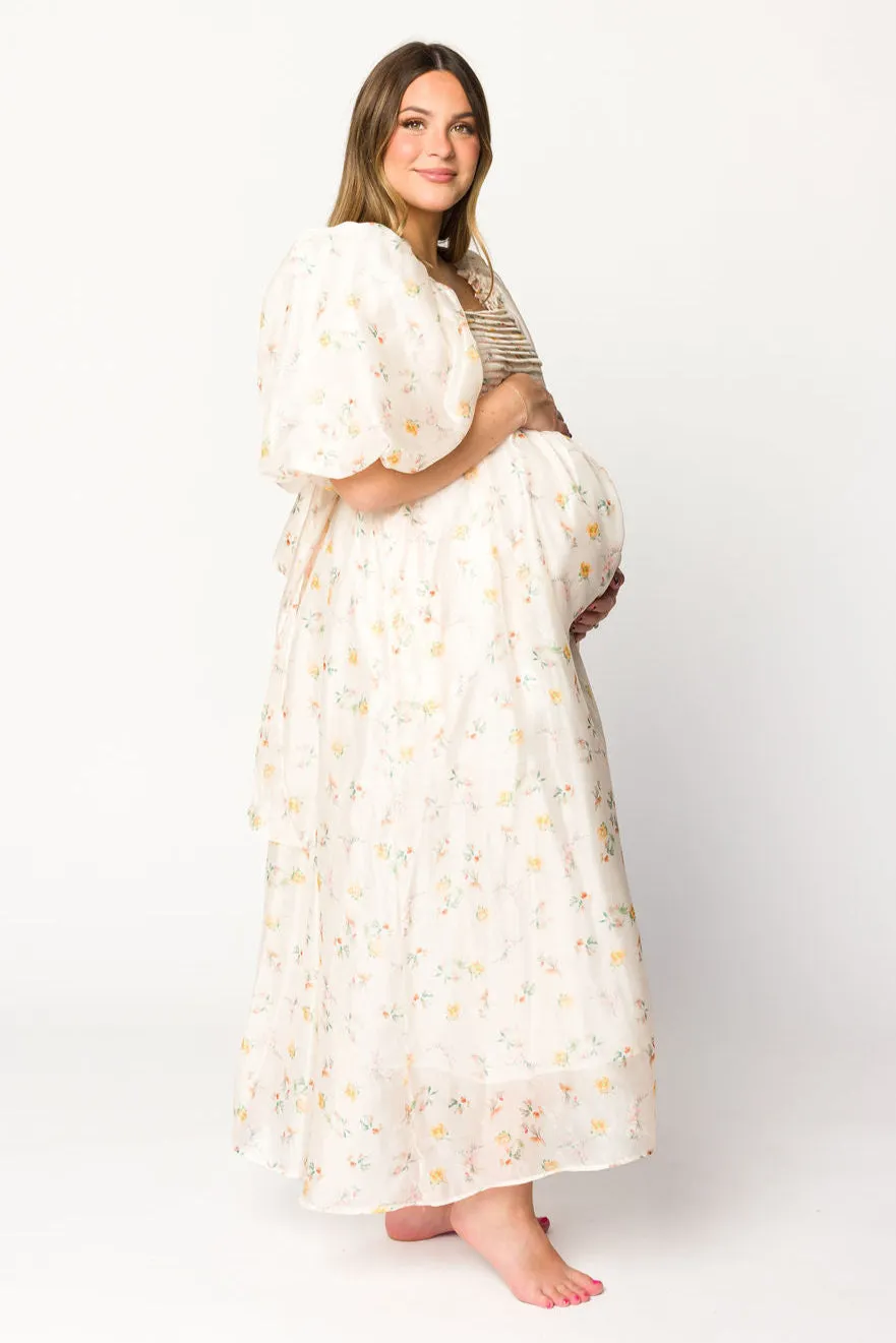 Melody Maxi Dress with Pleats and Bow Detail in Yellow Rose Floral - Bump Friendly & Inclusive Sizing (S-3XL)