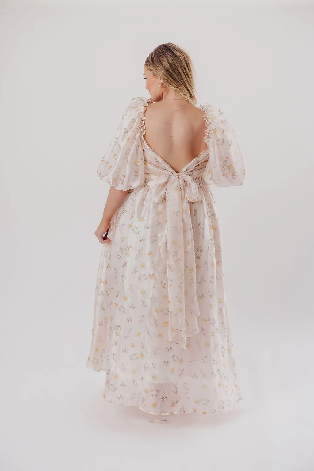 Melody Maxi Dress with Pleats and Bow Detail in Yellow Rose Floral - Bump Friendly & Inclusive Sizing (S-3XL)