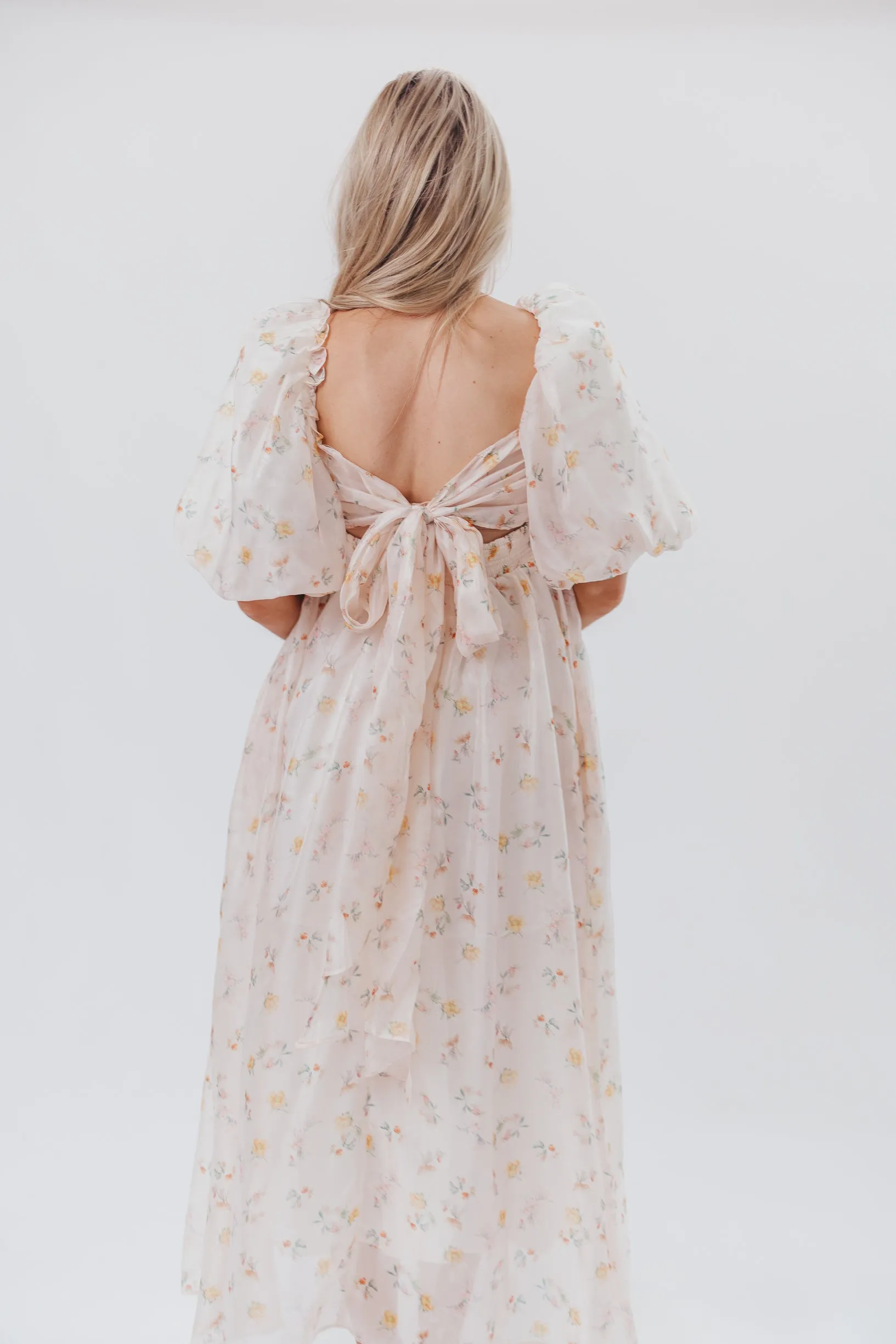 Melody Maxi Dress with Pleats and Bow Detail in Yellow Rose Floral - Bump Friendly & Inclusive Sizing (S-3XL)