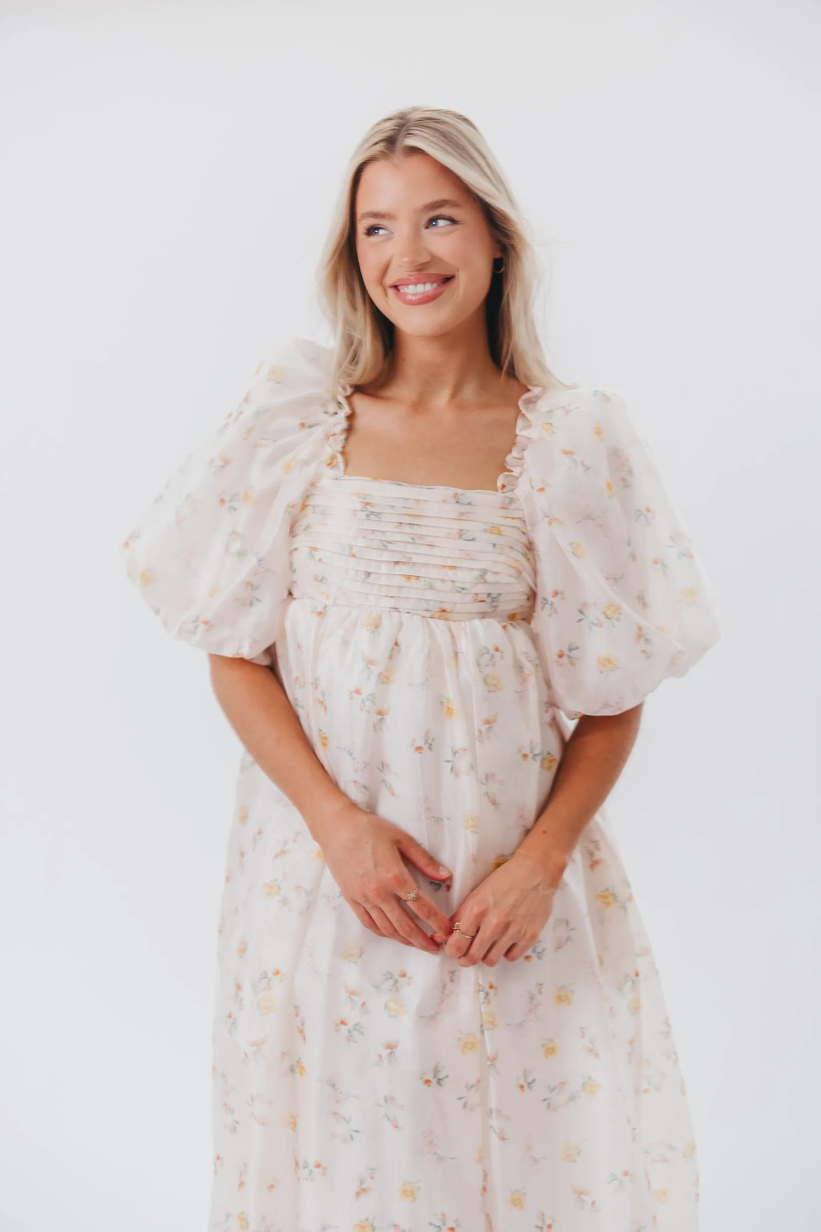 Melody Maxi Dress with Pleats and Bow Detail in Yellow Rose Floral - Bump Friendly & Inclusive Sizing (S-3XL)
