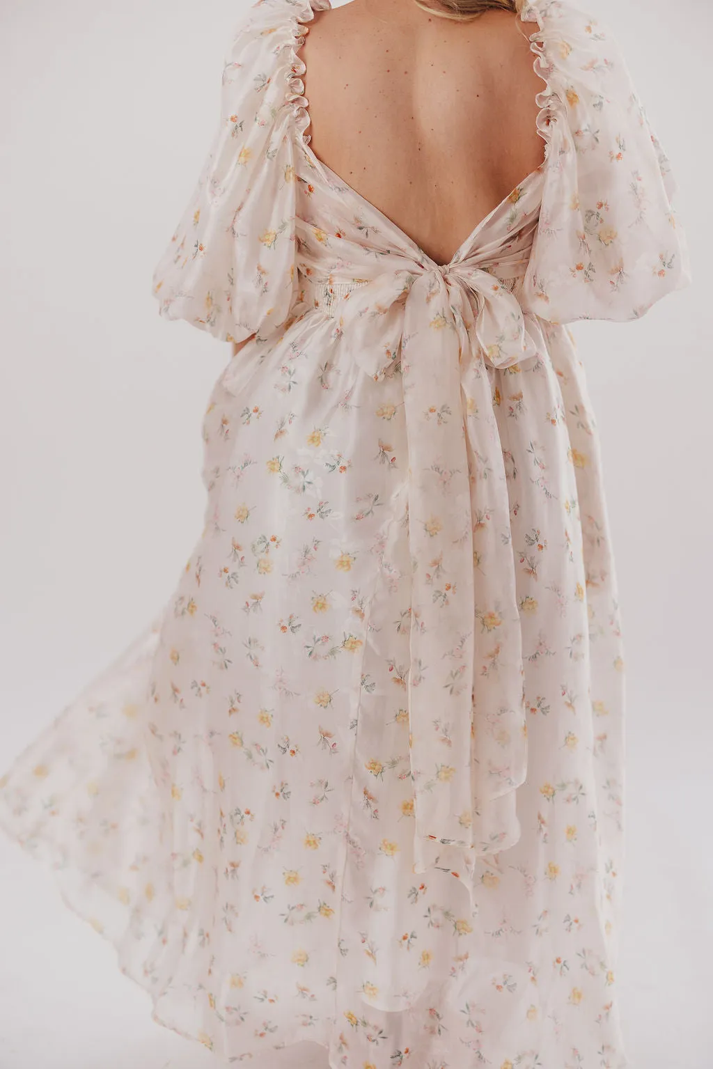 Melody Maxi Dress with Pleats and Bow Detail in Yellow Rose Floral - Bump Friendly & Inclusive Sizing (S-3XL)