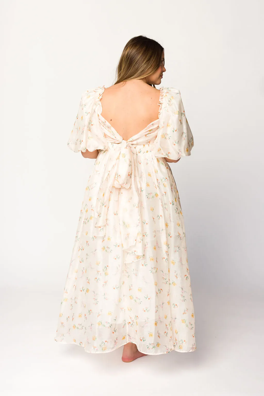 Melody Maxi Dress with Pleats and Bow Detail in Yellow Rose Floral - Bump Friendly & Inclusive Sizing (S-3XL)