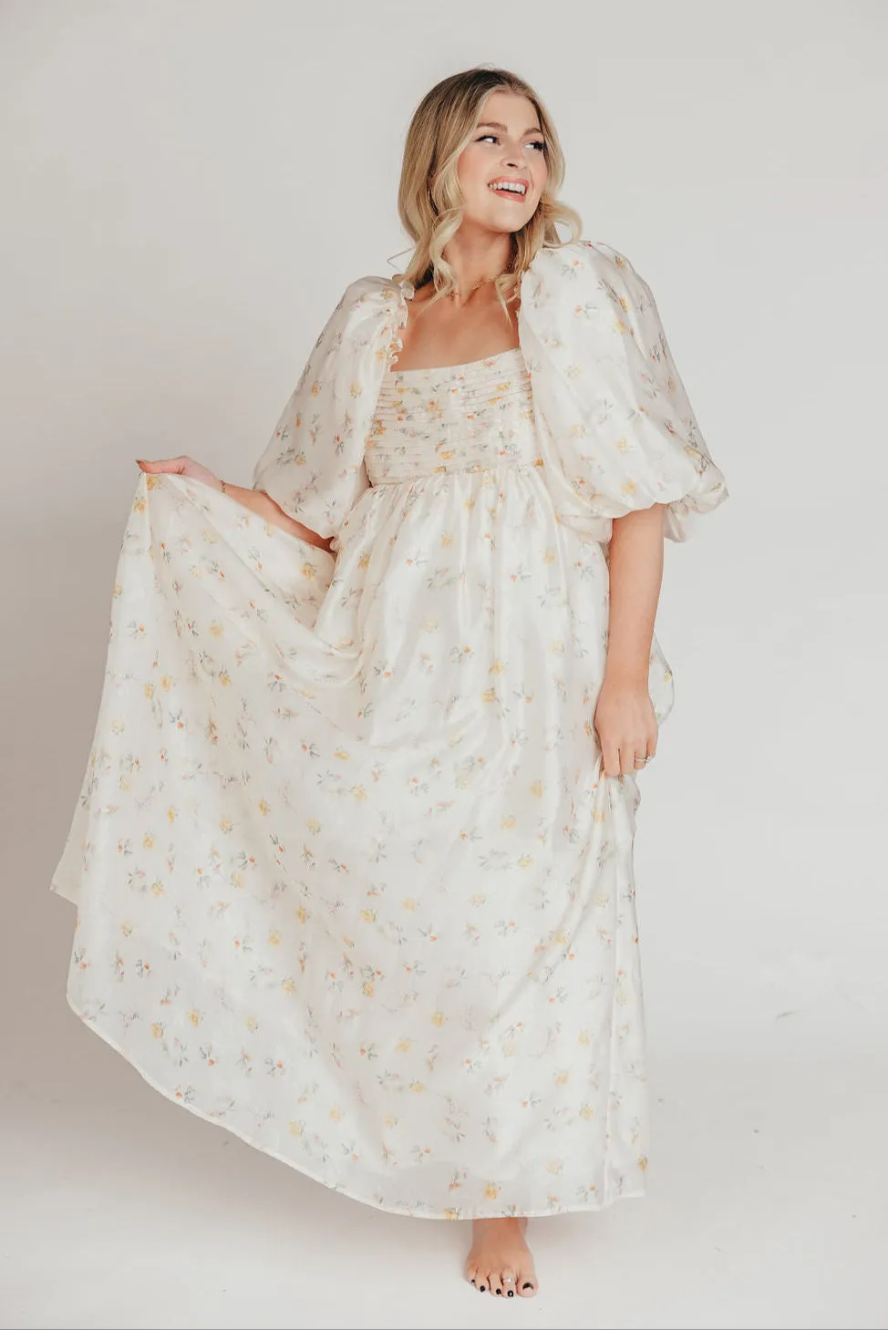 Melody Maxi Dress with Pleats and Bow Detail in Yellow Rose Floral - Bump Friendly & Inclusive Sizing (S-3XL)
