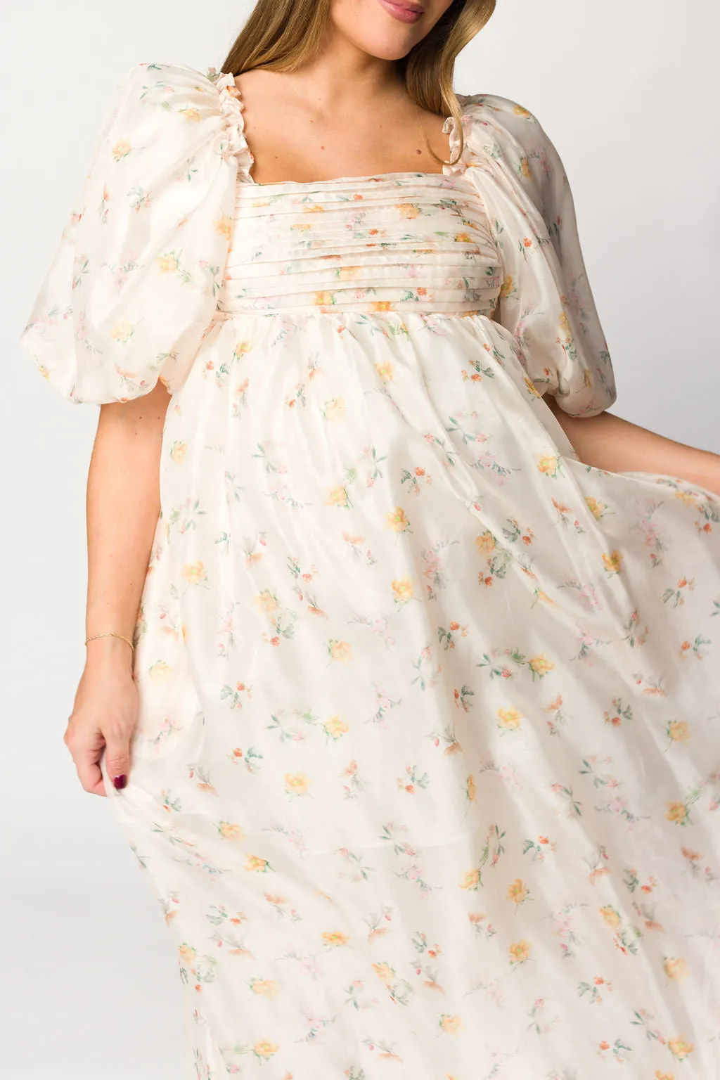Melody Maxi Dress with Pleats and Bow Detail in Yellow Rose Floral - Bump Friendly & Inclusive Sizing (S-3XL)