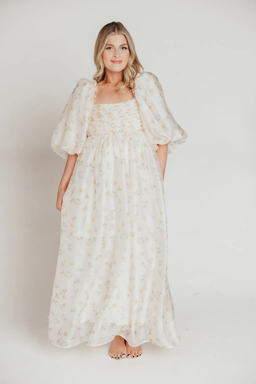 Melody Maxi Dress with Pleats and Bow Detail in Yellow Rose Floral - Bump Friendly & Inclusive Sizing (S-3XL)