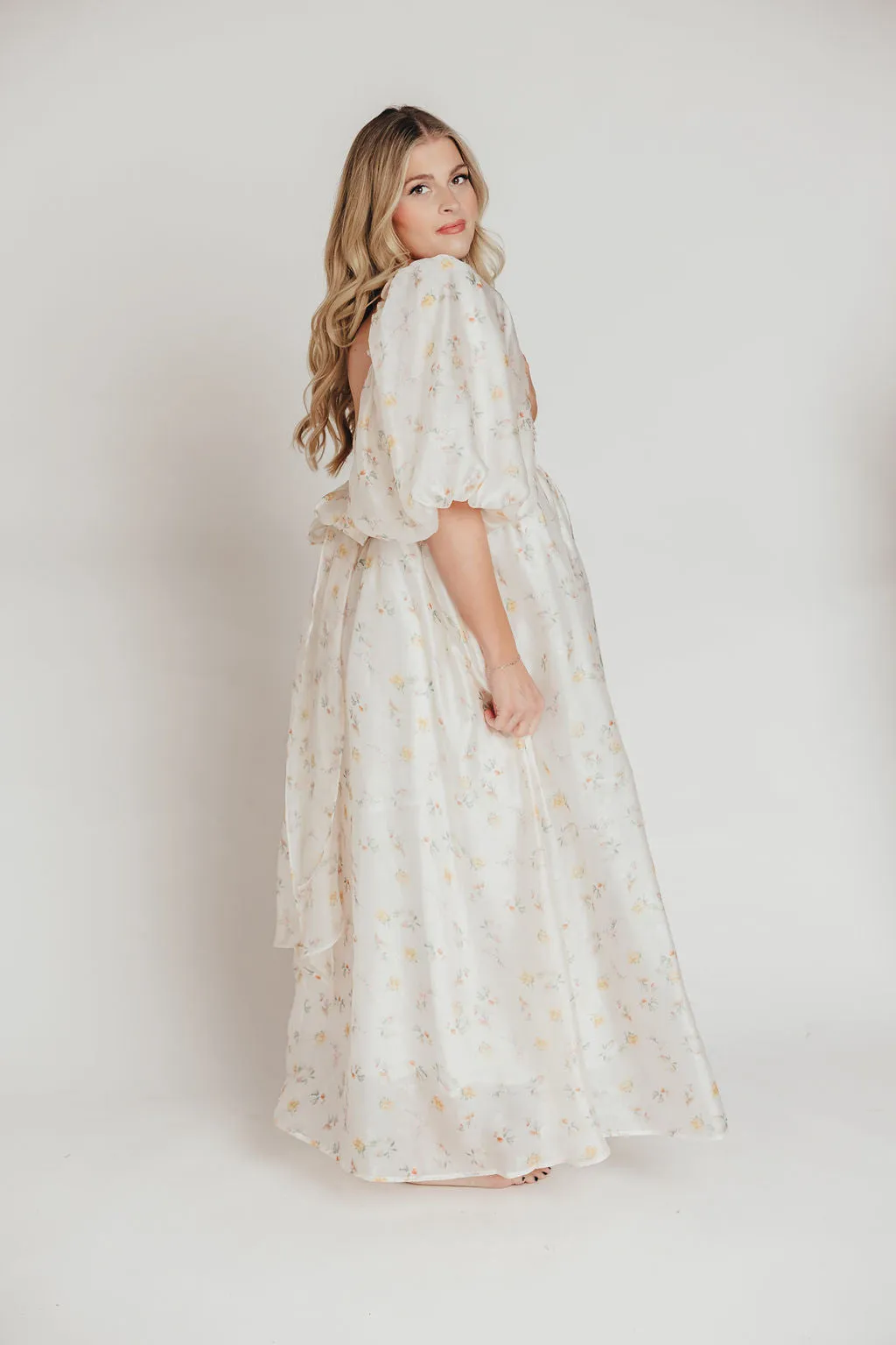 Melody Maxi Dress with Pleats and Bow Detail in Yellow Rose Floral - Bump Friendly & Inclusive Sizing (S-3XL)