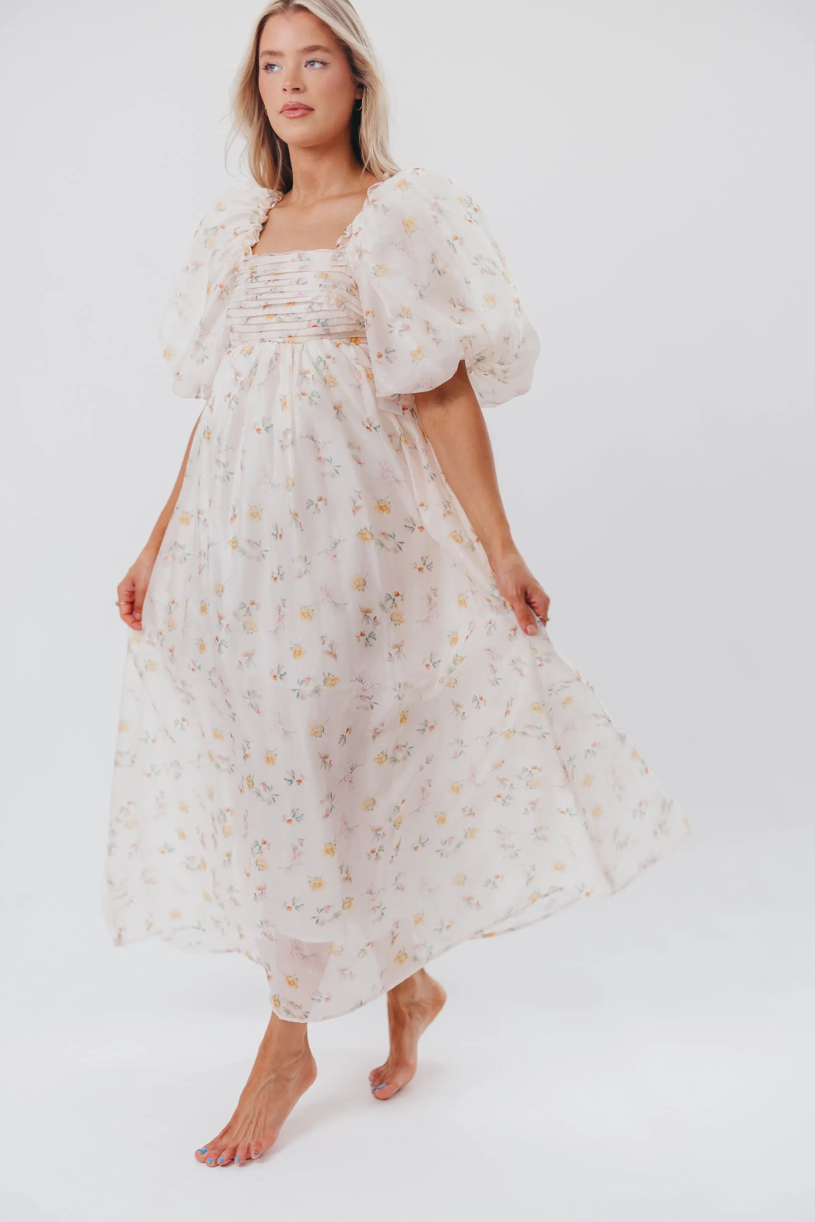 Melody Maxi Dress with Pleats and Bow Detail in Yellow Rose Floral - Bump Friendly & Inclusive Sizing (S-3XL)