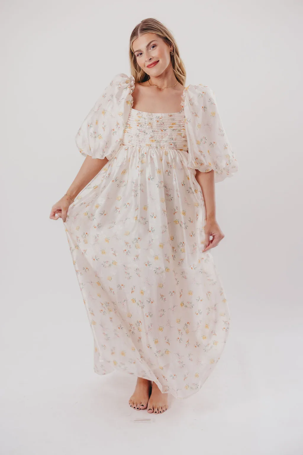 Melody Maxi Dress with Pleats and Bow Detail in Yellow Rose Floral - Bump Friendly & Inclusive Sizing (S-3XL)